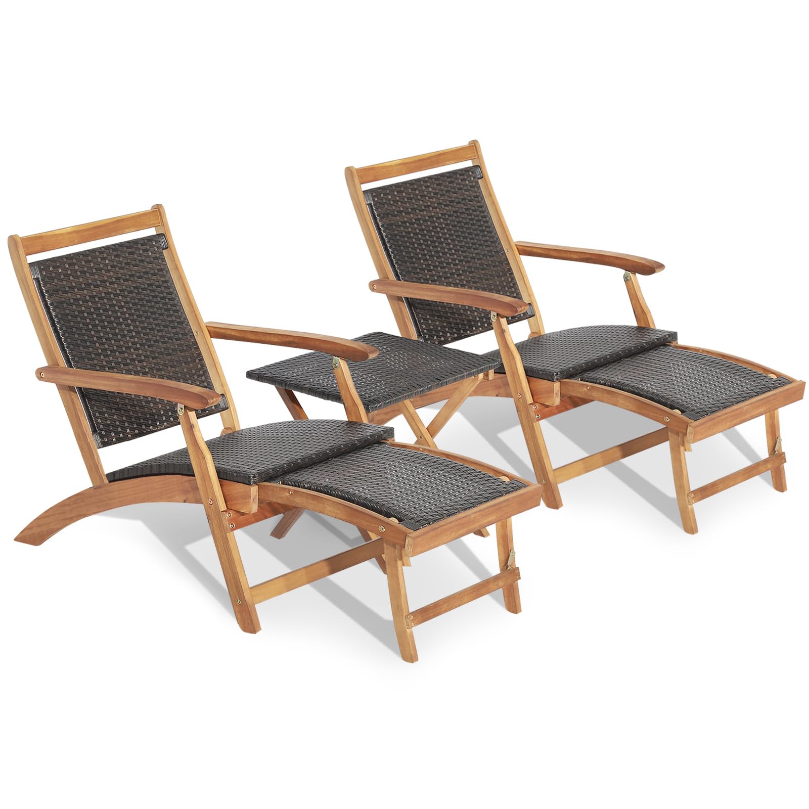 Ensemble de 3 chaises longues Tangkula, chaises de terrasse en bois d'acacia avec table d'appoint